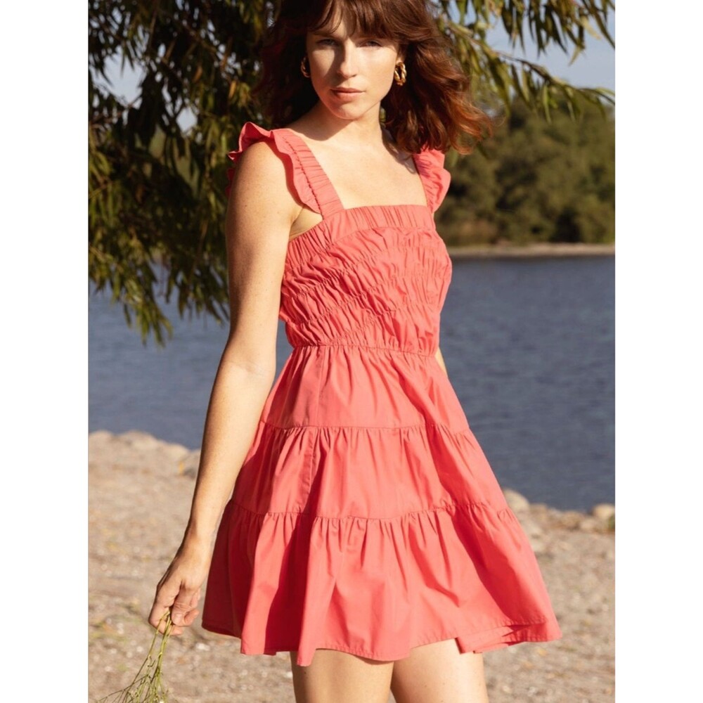 Greylin Pria Smocked Poplin Mini Dress In Coral Punch Size XS